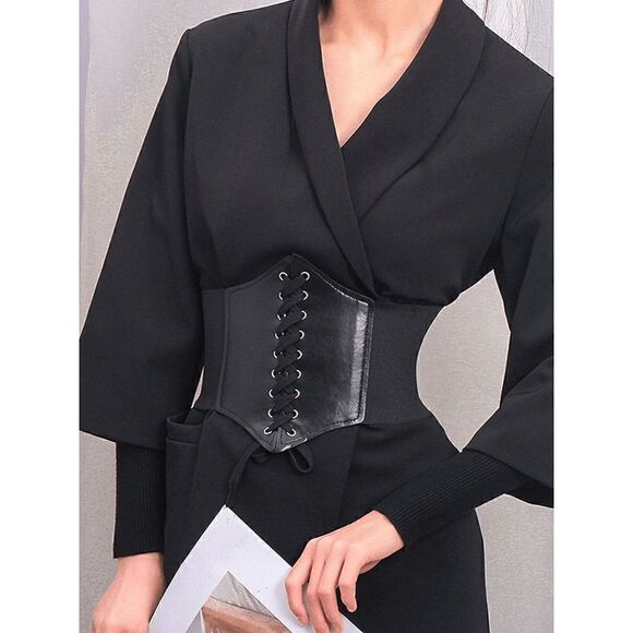 Wide Lace-Up Elastic Waist Tied Black Corset Belt NEW - Picture 8 of 17